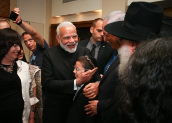 Israeli Prime Minister Benjamin Netanyahu and his Indian counterpart Narendra Modi meet with Moshe Holtzberg  whose parents were killed in a terror attack on the Chabad House in Mumbai in 2008, at the King David Hotel in Jerusalem, July 5, 2017. Photo by Ohad Zweigenberg/POOL *** Local Caption *** ????
??? ??????
?????
?????? ????
?????? ??????
??? ????? ?????
???? ????
????? ???????