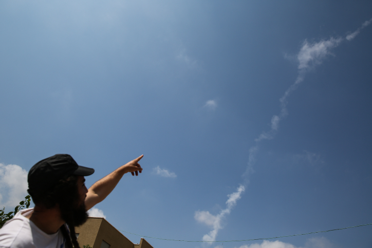 View of the trail left in the sky by a Patriot missile that was fired to intercept a drone entering Israel from Syria, as seen in the Northern Israeli city of Tzfat, on July 13, 2018. Photo by David Cohen/Flash90 *** Local Caption *** ???
???
?????
??? ??????
?????
????
??? ???? ???? ?????
?????
????