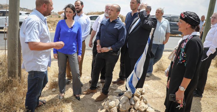 Yamina party member Naftali Bennett and chairwoman Ayelet Shaked meet with rabbis of the Machanaim Yeshiva, where Israeli soldier Dvir Sorek studied, at the site where he was found dead in a terror attack, near Migdal Oz in Gush Etzion, West Bank, on August 18, 2019. Photo by Gershon Elinson/Flash90 *** Local Caption *** ????? ???
????? ???
?????
???????
??? ?????
??? ???? ??? ????? ????? ???? ???? ?????? ?? ???? ????? ?????? ??? ??? ???? ????? ???