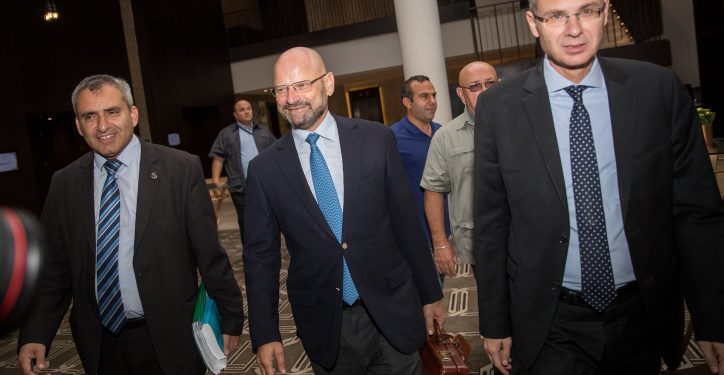 Minister of Jerusalem Affairs Zeev Elkin and Israeli Minister of Tourism Yariv Levin of the Likud party walk with Yoram Turbovich of the Blue and White party as they arrive for a meeting in an attempt to form a coalition, in Jerusalem, September 27, 2019. Photo by Yonatan Sindel/Flash90
 *** Local Caption *** ??????
????
?????
???? ???
???? ????
??? ?????
???? ????????