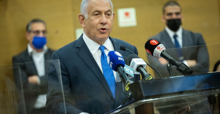 Leader of the Opposition and head of the Likud party Benjamin Netanyahu leads a Likud party meeting at the Knesset, the Israeli parliament in Jerusalem on February 28, 2022. Photo by Yonatahn Sindel/Flash90 *** Local Caption *** ????
?????? 
????? ????
??? ??????
?????? ??????
?????
??????