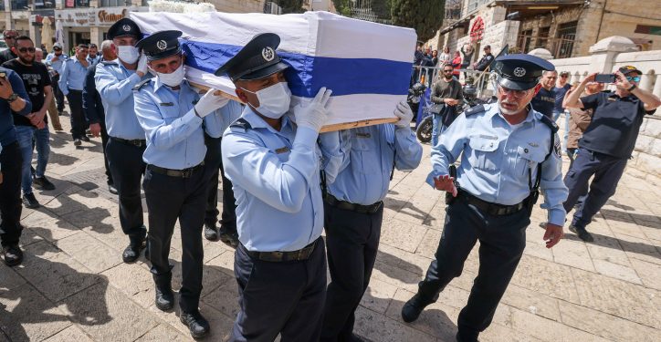 Israeli police officers carry the coffin of Police officer Amir Huri who was killed in a terrorist shooting attack in Bnei Brak, during his funeral service in Nazareth, March 31, 2022. Photo by David Cohen/Flash90 *** Local Caption *** ????
?????
????
?????
????? ????
??????
????
??????
??????
????
??????
???? ????