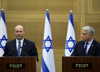 Israeli prime minister Naftali Bennett and Foreign Minister Yair Lapid hold a joint press conference at the Israeli parliament in Jerusalem on June 20, 2022. Photo by Yonatan Sindel/FLASH90 *** Local Caption *** ???? ????
????? ???
????